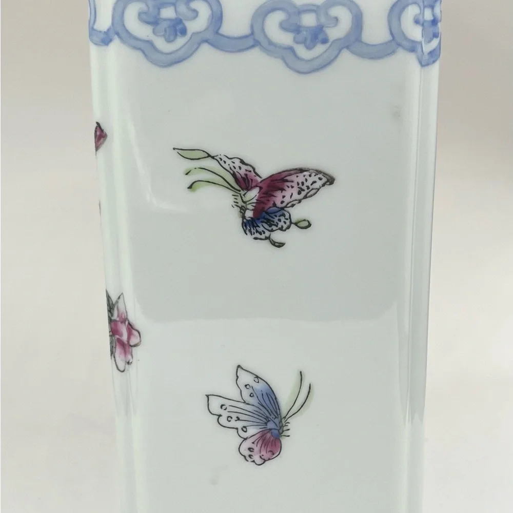 VTG Butterfly Floral Design Japanese Porcelain Ware Flower Frog Brick 3x5x6” EUC